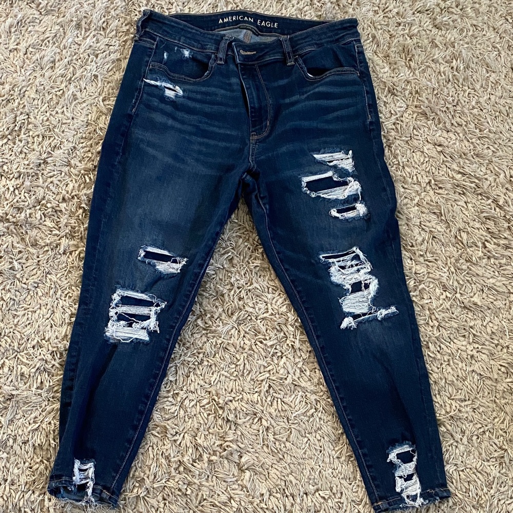 American Eagle Outfitters Women's Ripped Dark Blue Hi-Rise Jegging Crop Jeans